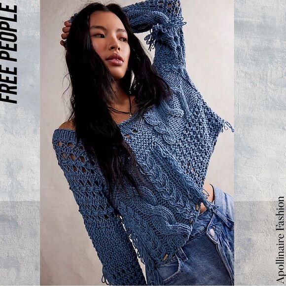 BRENDA KNIGHT FOR FREE PEOPLE CAITLIN CROPPED SWEATER IN DENIM BLUE M/L NWT - Picture 1 of 11